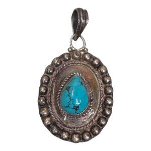 Vintage 925 Sterling Silver Turquoise Pendant Natural Old Pawn Oval Design 1.75”